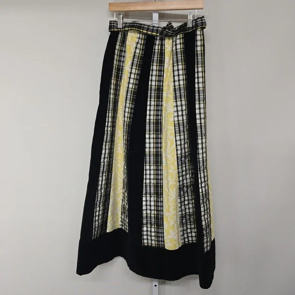 Vintage CHESSA DAVIS Womens Maxi‎ Skirt Plaid Velvet Lace Black Yellow Patchwork - Picture 3 of 7